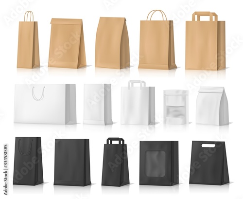 Paper bag mockups of shopping, gifts and food packages realistic vector design. White, brown and black bags or boxes, made of craft paper or cardboard with cord handles and transparent windows photo