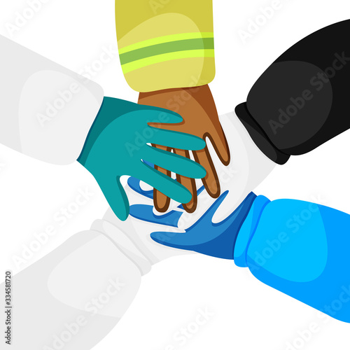 Vector illustration of hands of diverse workers isolated. Concept of cooperation, unity, togetherness, partnership, teamwork in quarantine time. Laborers are like doctors, police officer, firefighter