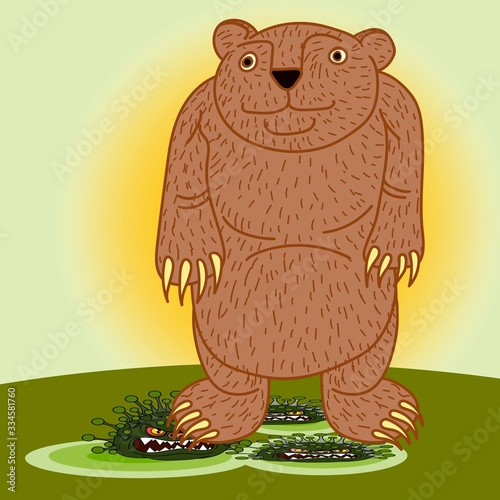 The bear defeats the coronovirus COVID-19. Corona Virus. Very dangerous and predatory virus. The virus that causes the disease in humans, from the common cold to SARS. 2019-nCoV. Vector illustration