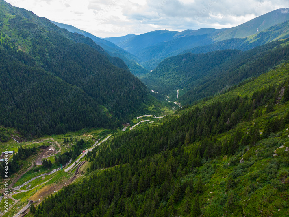 Romania. Fagaras mountain range. Mountain highway Transfagarash. One of the most beautiful roads in the world. Popular tourist route. Drone. Aerial view