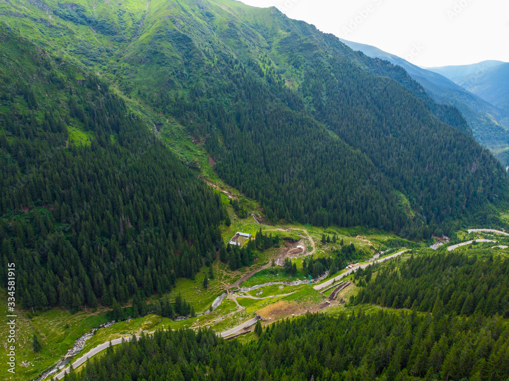 Romania. Fagaras mountain range. Mountain highway Transfagarash. One of the most beautiful roads in the world. Popular tourist route. Drone. Aerial view