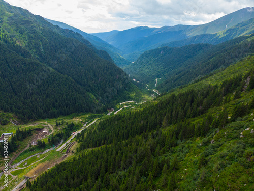 Romania. Fagaras mountain range. Mountain highway Transfagarash. One of the most beautiful roads in the world. Popular tourist route. Drone. Aerial view