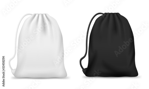 Drawstring bag, backpack or pouch vector mockups. Realistic white and black sport bags, blank canvas school knapsack or laundry sack with ropes or strings, packs for clothes, footwear, bulk products