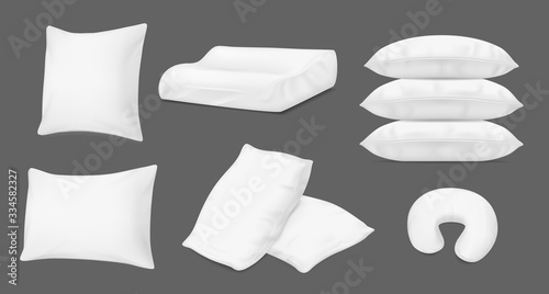Pillows and bed cushions, vector realistic 3D white mockup templates. Inflatable travel cushion and orthopedic neck pillow, fluffy feather down pillows pile