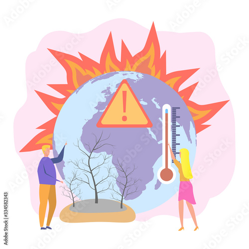 Changing of the climate. Burnt earth, fire in the forest, pollution of the planet. Global warming, greenhouse gas emissions. Colorful vector illustration.