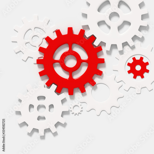 Red and white connecting gear cogs of various sizes isolated on white background; modern business teamwork concept; flat lay, close up, top view 3d rendering, 3d illustration