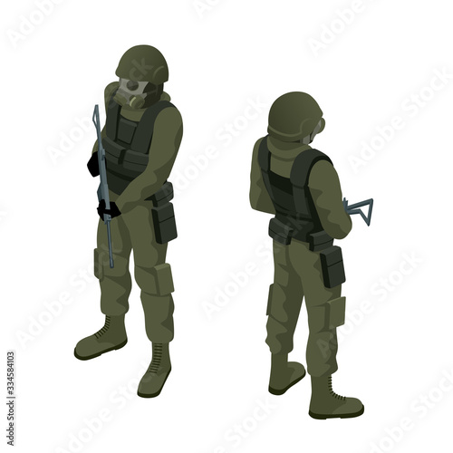 Isometric a soldier in a gas mask and with a gun isolated on white. Protection against chemical or bacterial contamination. Quarantine.