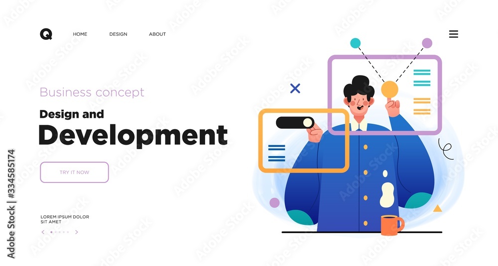 Design and Development. Landing page template with Programmer or designer working in a company office. Website design Design and Development. Landing page template with Programmer or designer working in a company office. Website design