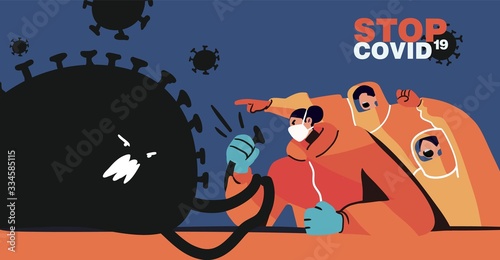 Fight with Coronavirus concept. Illustration of a doctor fighting with covid-19 corona virus. Disease campaign poster