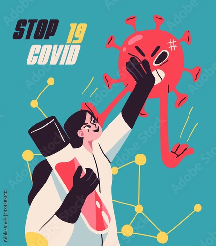 Fight with Coronavirus concept. Illustration of a doctor fighting with covid-19 corona virus. Disease campaign poster