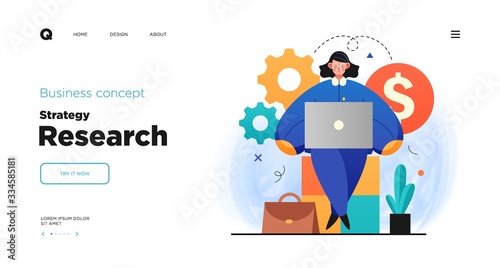 Science research website Landing page template design. Concept of Scientist character making research in a laboratory. Web page layout with modern business concept illustration.