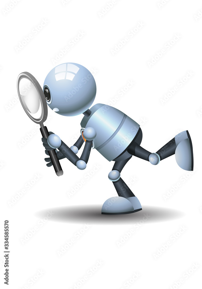 little robot holding magnifier doing research and observation little robot holding magnifier doing research and observation