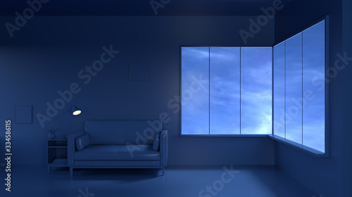 Room with monochromatic blue style, sofa and stand with lamp minimalist dark mood interior, 3d illustration © Ivan
