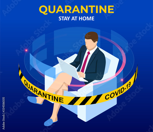 Isometric work from home. Corona virus - staying and working at home. working from home during Covid-19. Self-isolation shield from coronavirus