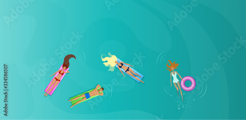 Ocean summer scene. View from above. Four young people in bikini and swimwear relaxing in water with pool rafts and rubber ring. Three charming women and a handsome  man. Vector banner illustration.