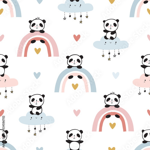 Fototapeta Naklejka Na Ścianę i Meble -  Cool seamless pattern with hand drawn cute pandas on the rainbows and clouds. Baby design for kids apparel, nursery wall art, kids textile, wallpapers, gift wrap and scrapbook. Vector.