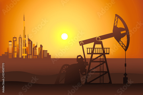 Oil well in the desert near Dubai city. Petroleum pumpjack vector illustration.