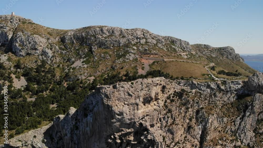 Birds eye view of Mirador Es Colomer viewpoint from the sea. Tourists on an excursion at scenic and very popular tourist place in Majorca Island. Aerial drone 4k Birds eye view of Mirador Es Colomer viewpoint from the sea. Tourists on an excursion at scenic and very popular tourist place in Majorca Island. Aerial drone 4k