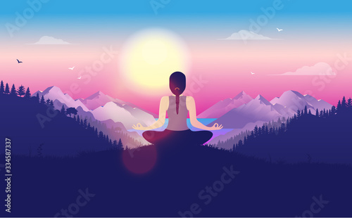 Meditation in nature view. Woman meditating in front of big bright sun, landscape with mountains, ocean and forest. Relaxing, mindfulness and meditate concept. Vector illustration.