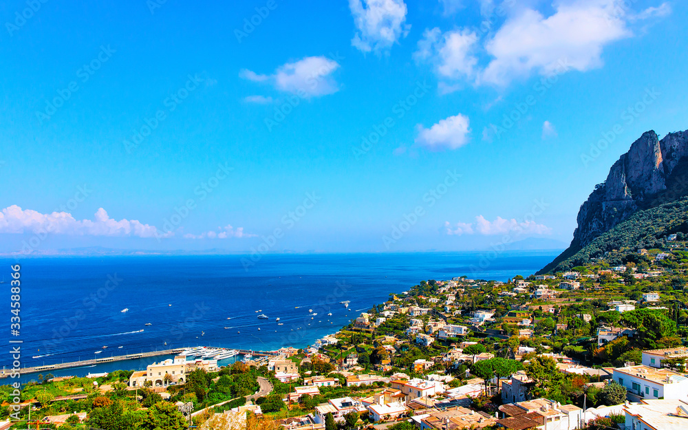 Aerial view with Capri Island in Tyrrhenian sea reflex