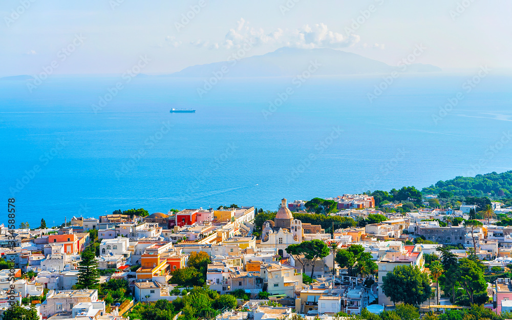 Aerial view to Capri Island and Tyrrhenian sea reflex