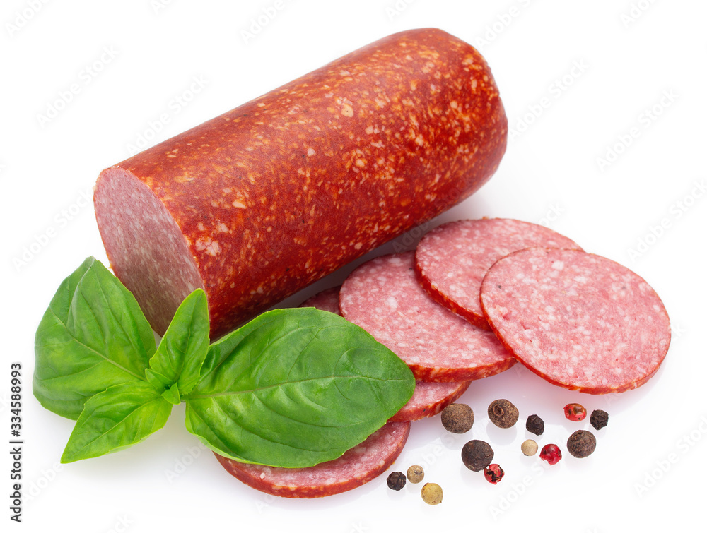 Salami smoked sausage on white background Salami smoked sausage on white background