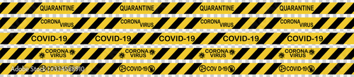 Danger tape quarantine. Warning tape fencing. Black and yellow vector diagonal stripes. Epidemic covid-19 orange tape with quarantine inscription isolated on transparent background. icon Vector EPS 10