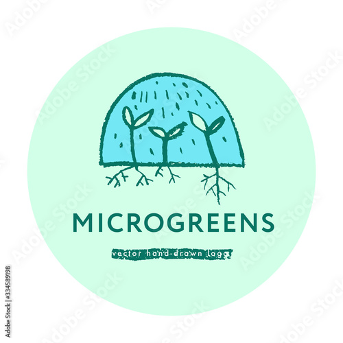 Microgreens cultivation label tag. Vector hand-drawn growth logo. Vegetable greens, baby greens, soil line, seeding, baby plants, home cultivation, greenhouse, farmers market, sprouting plants —  Eco.