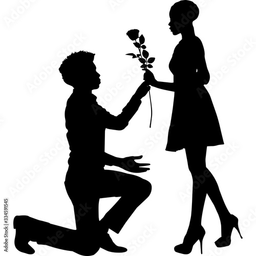 African American Boy proposing girl with flower Silhouette Vector