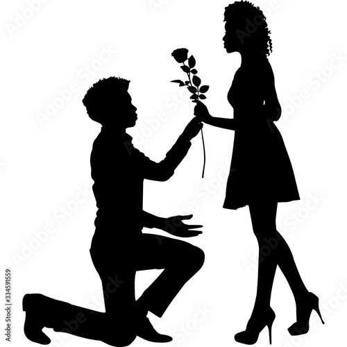 African American Boy proposing girl with flower Silhouette Vector