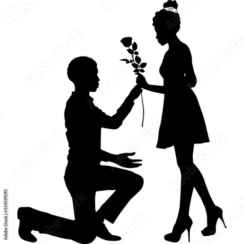 African American Boy proposing girl with flower Silhouette Vector