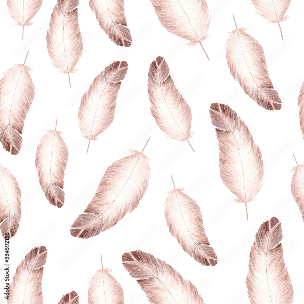Fototapeta Hand made watercolor feathers seamless pattern on white background.