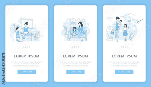 Motherhood and childhood mobile app screens. Mom spending time with children.