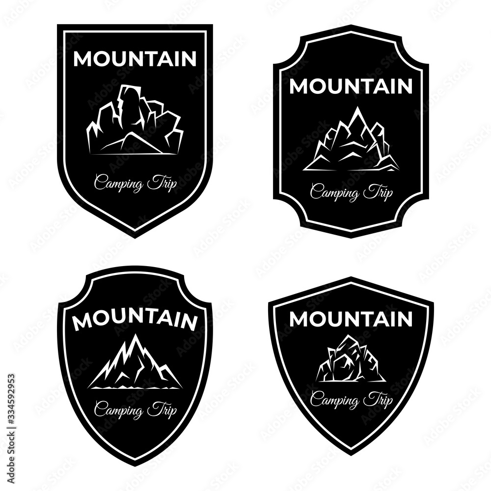 Obraz premium Set of mountain logo designs. Camping trip, active lifestyle vector badges templates.