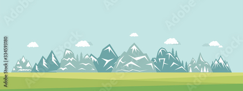 Mountain landscape vector flat illustration. Nature, clouds, grass and mountains suburban view.