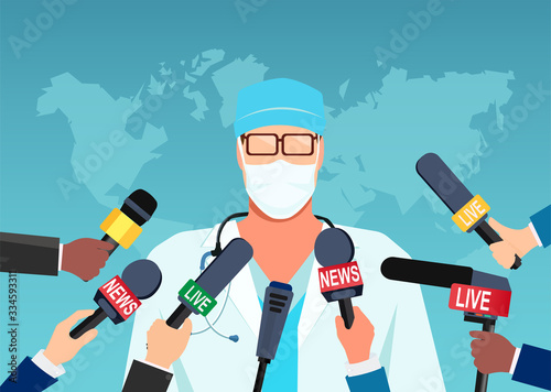 Vector of a doctor giving an update on a pandemic to group of journalists