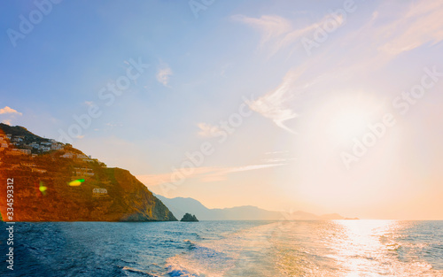 Citiscape and landscape with sunset at Positano town reflex