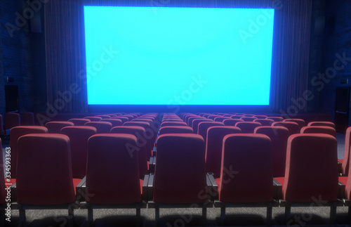 cinema interior of movie theatre with empty red and black seats with copyspace on the screen and glow on edge, concept of recreation and entertainment 3d render