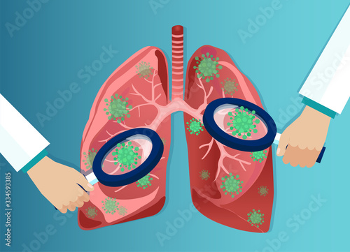 Vector of doctor with magnifying glass analyzing coronavirus affected lungs