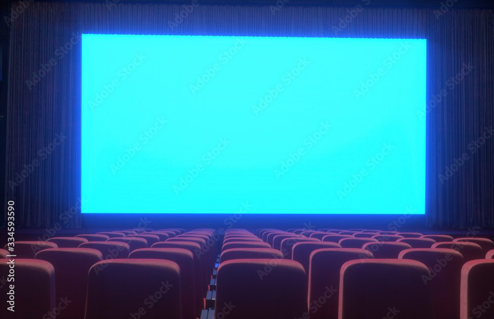 cinema interior of movie theatre with empty red  and black seats with copyspace on the screen and glow on edge, concept   of recreation and entertainment 3d render