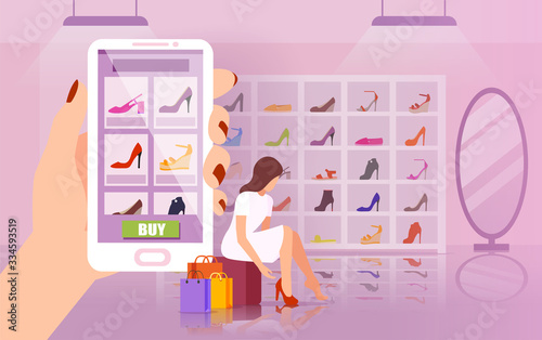 Vector of woman using smart phone app to shop online for designer shoes