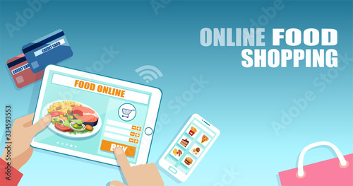 Vector of a customer using mobile app ordering online food