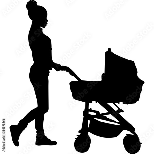 African American Woman with Stroller Silhouette Vector