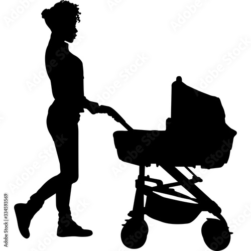 African American Woman with Stroller Silhouette Vector