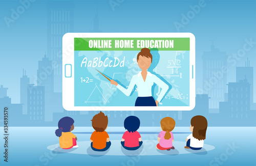Vector of a group of kids watching online teacher class on tablet computer