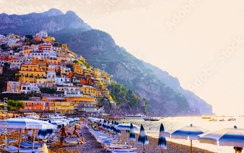 Fototapeta Naklejka Na Ścianę i Meble -  People Beach in Positano town on Amalfi Coast reflex