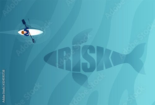 Vector of a man in a small boat floats next to a big shark or whale.