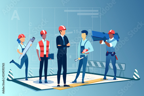 Vector of an architect, construction workers and engineers team working together on real estate