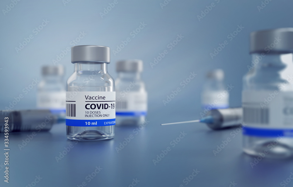 3D Illustration of a Generic Covid19 Vaccin and a Syringe, Blue Background 3D Illustration of a Generic Covid19 Vaccin and a Syringe, Blue Background