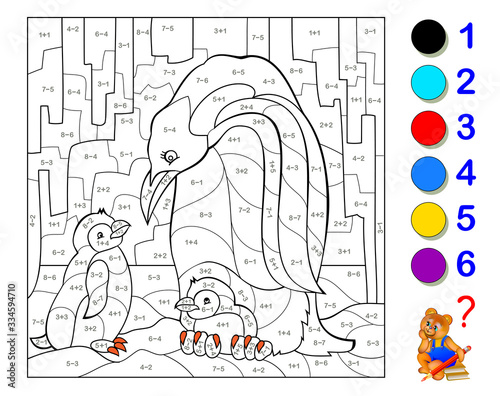 Math education for children. Coloring book. Mathematical exercises on addition and subtraction. Solve examples and paint penguins. Developing counting skills. Printable worksheet for kids textbook.